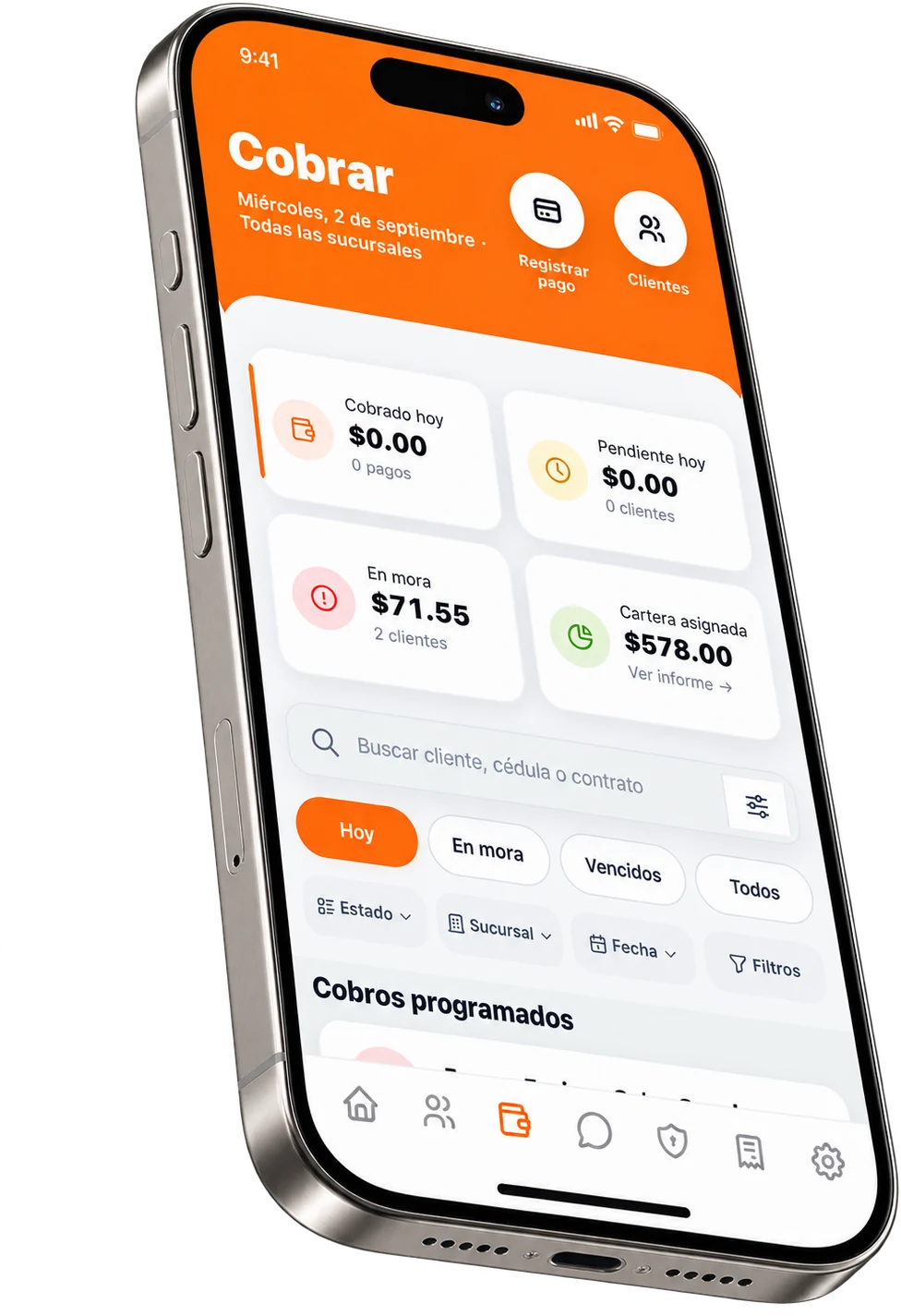 Pantalla de cobranza de Shalom Trust en un teléfono, con el resumen del día y los cobros programados