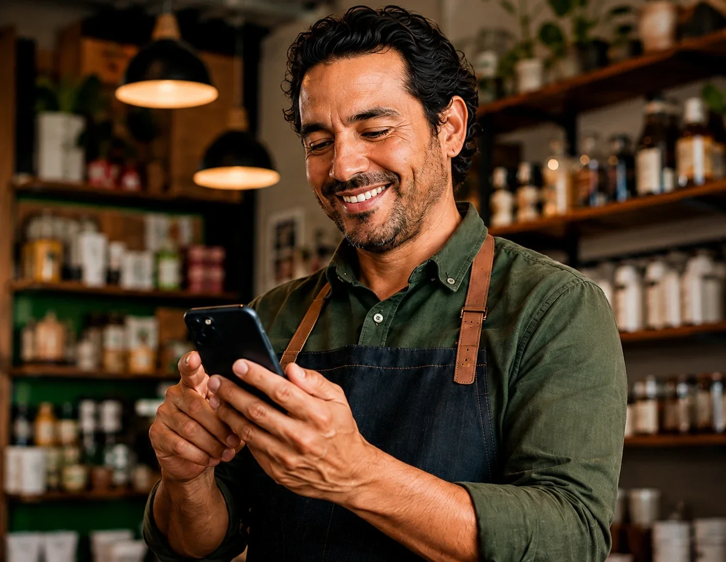 Comerciante gestionando un teléfono en su negocio