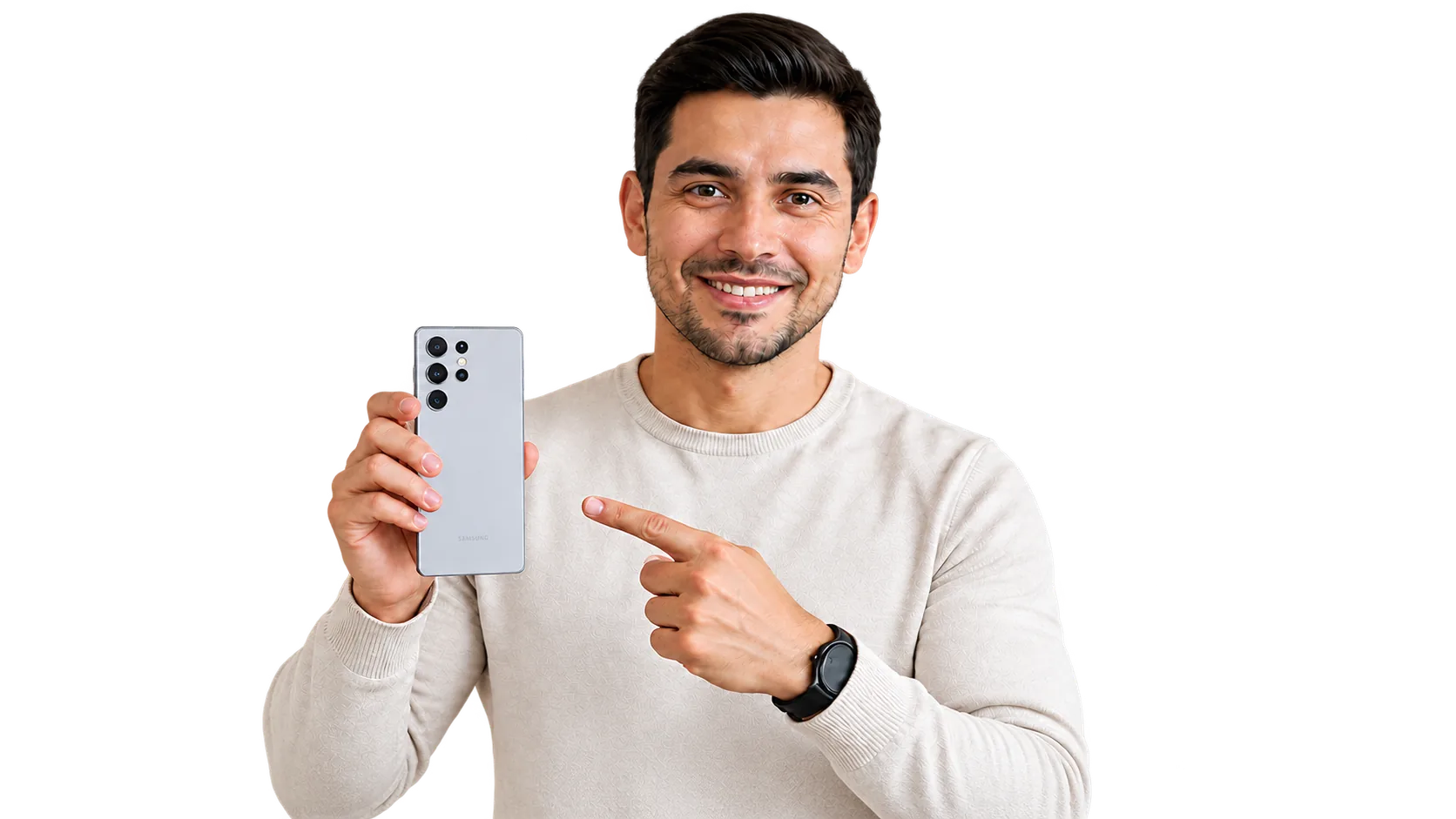 Persona mostrando un teléfono Samsung Android en una oficina