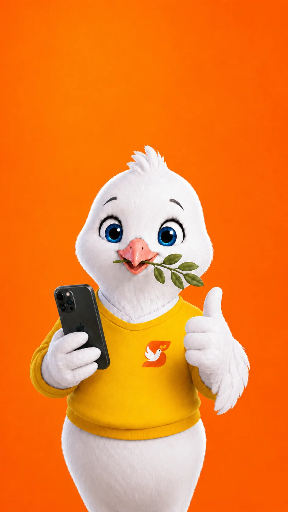 Mascota de Shalom Trust mostrando un iPhone