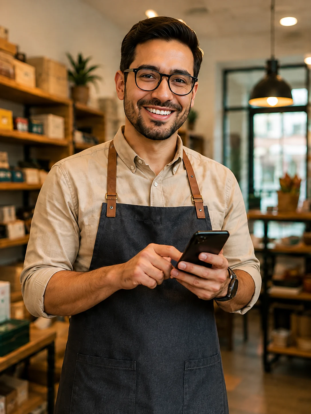 Comerciante sonriendo mientras administra un teléfono